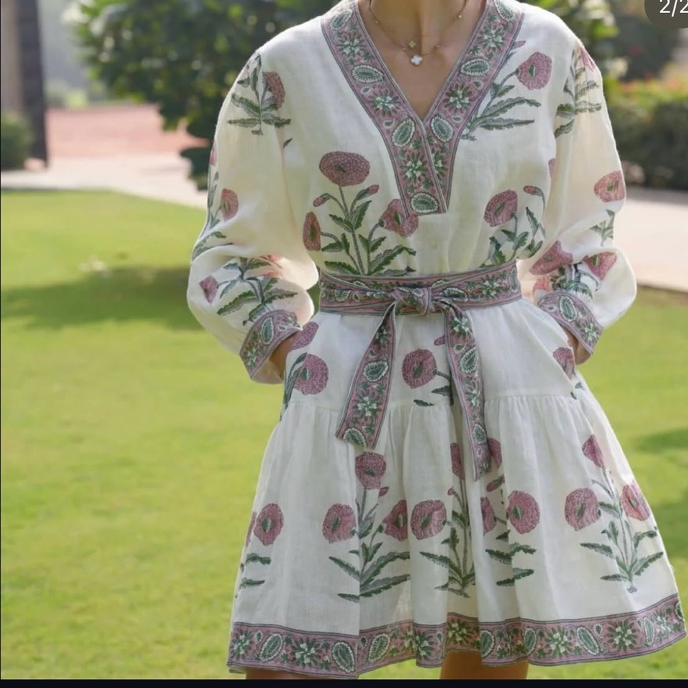 Embroidered Floral V-Neck Belted Mini Dress - White with Pink & Green
